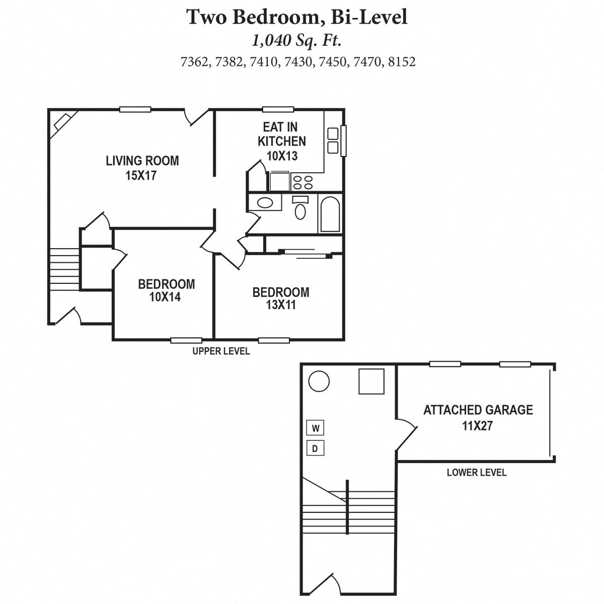 Floor plan for 2 beds, 1 bath, 1040 sqft
